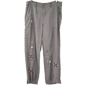 Johnny Was Pete & Greta Enya Floral Embroidered Linen Pants Gray Women’s Size 12